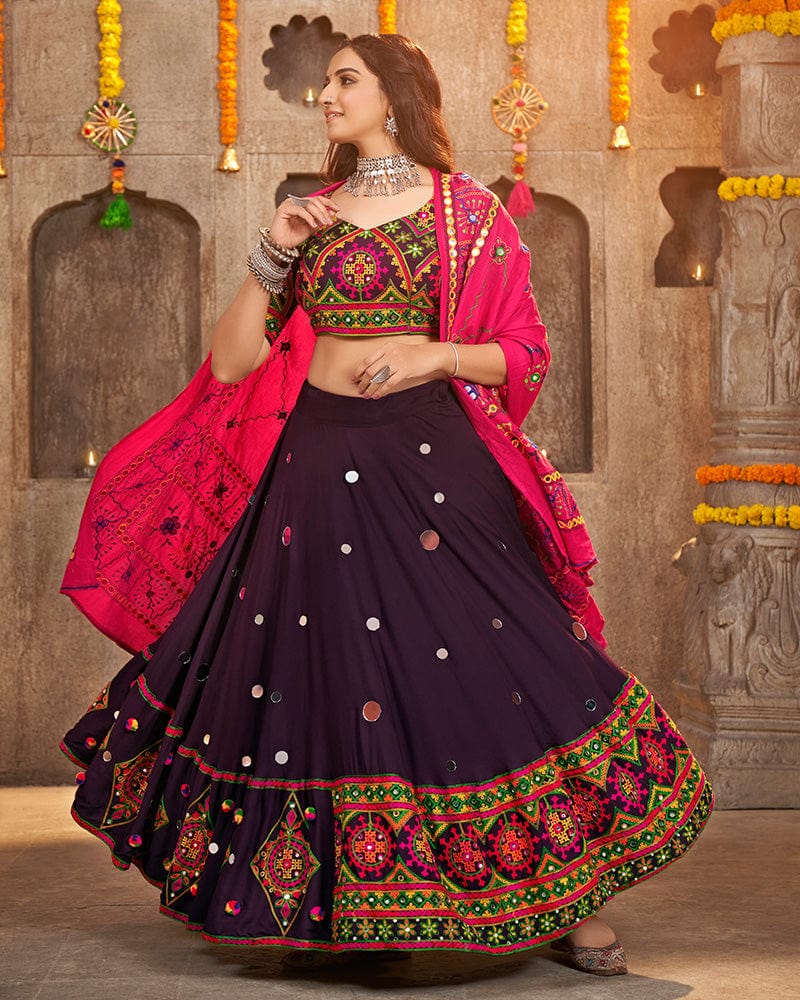 Purple Color Viscose Rayon Mirror Work Navratri Lehenga Choli