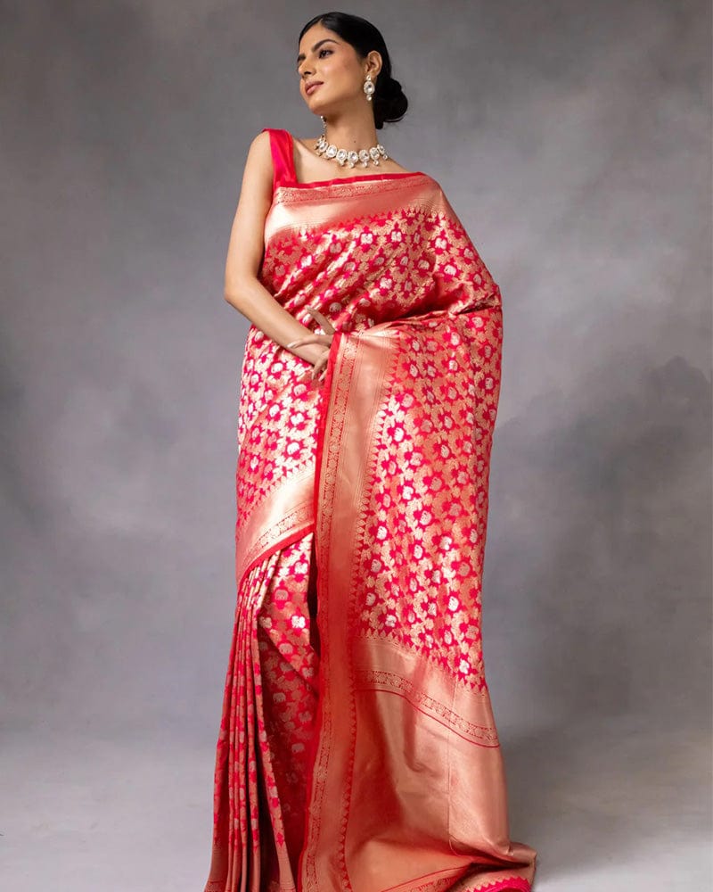 Red Color Banarasi Jacquard Soft Silk Saree
