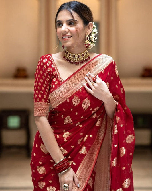 Red Color Banarasi All Over Jacquard Soft Silk Saree