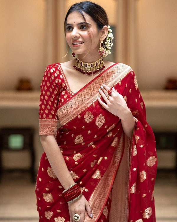 Red Color Banarasi All Over Jacquard Soft Silk Saree