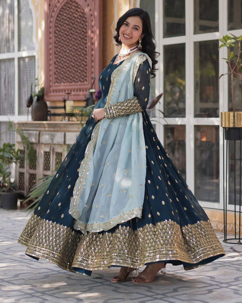 Viking Blue Color Faux Blooming Zari Embroidered Work Gown