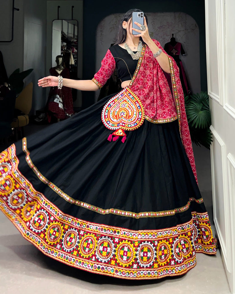 Designer Black Color Cotton Real mirror Work Navratri Lehenga Choli