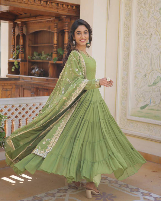 Parrot Green Color Faux Georgette Designer Anarkali Gown With Dupatta