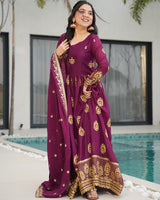 Wine Color Star Georgette Sequence Embroidered Gown