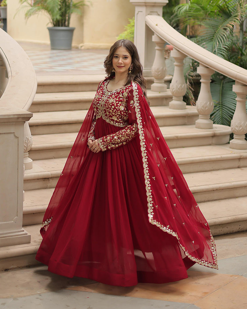 Maroon  Color Faux Blooming Multi Embroidered Work Gown
