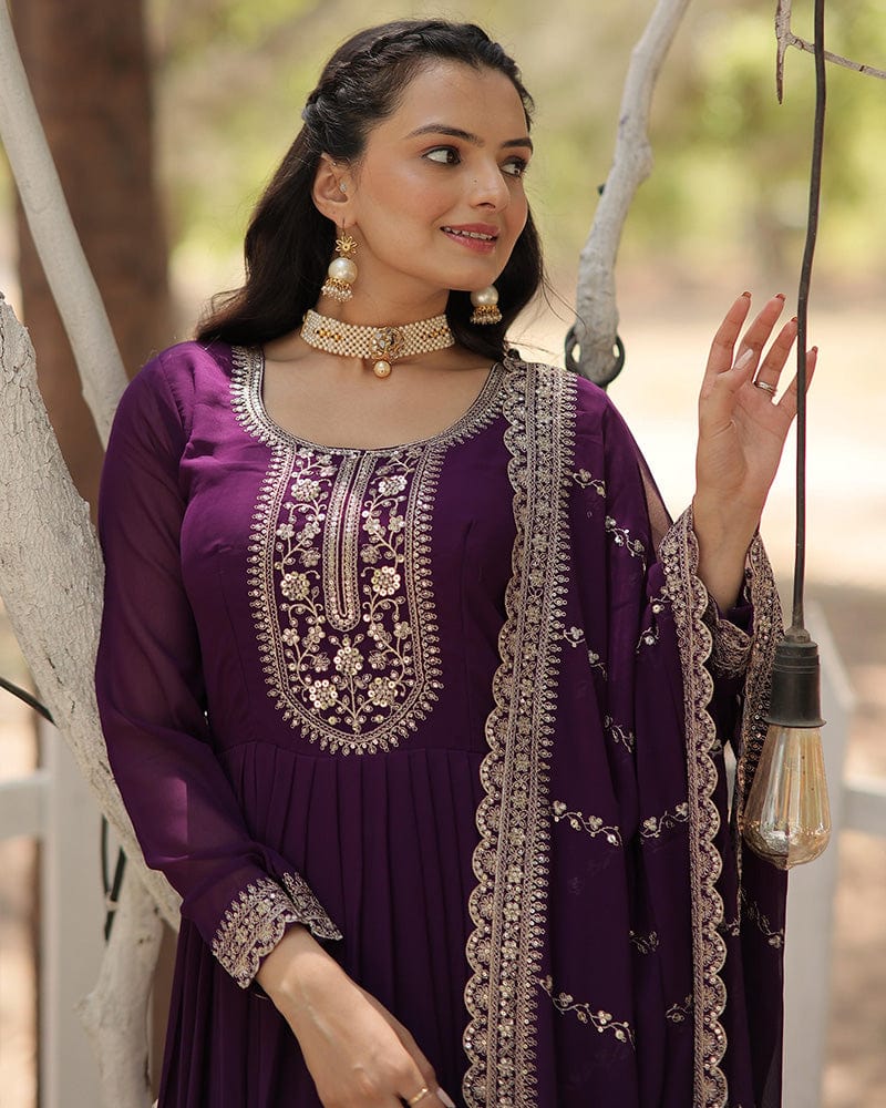 Purple Color Faux Blooming Rich Sequence Embroidered Gown