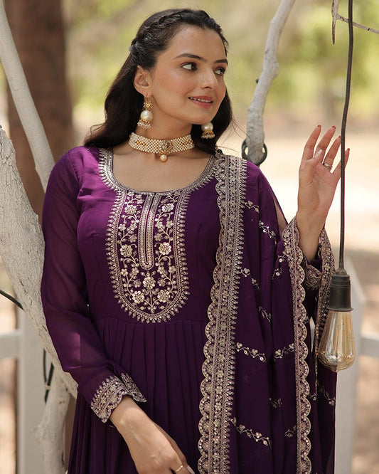 Purple Color Faux Blooming Rich Sequence Embroidered Gown