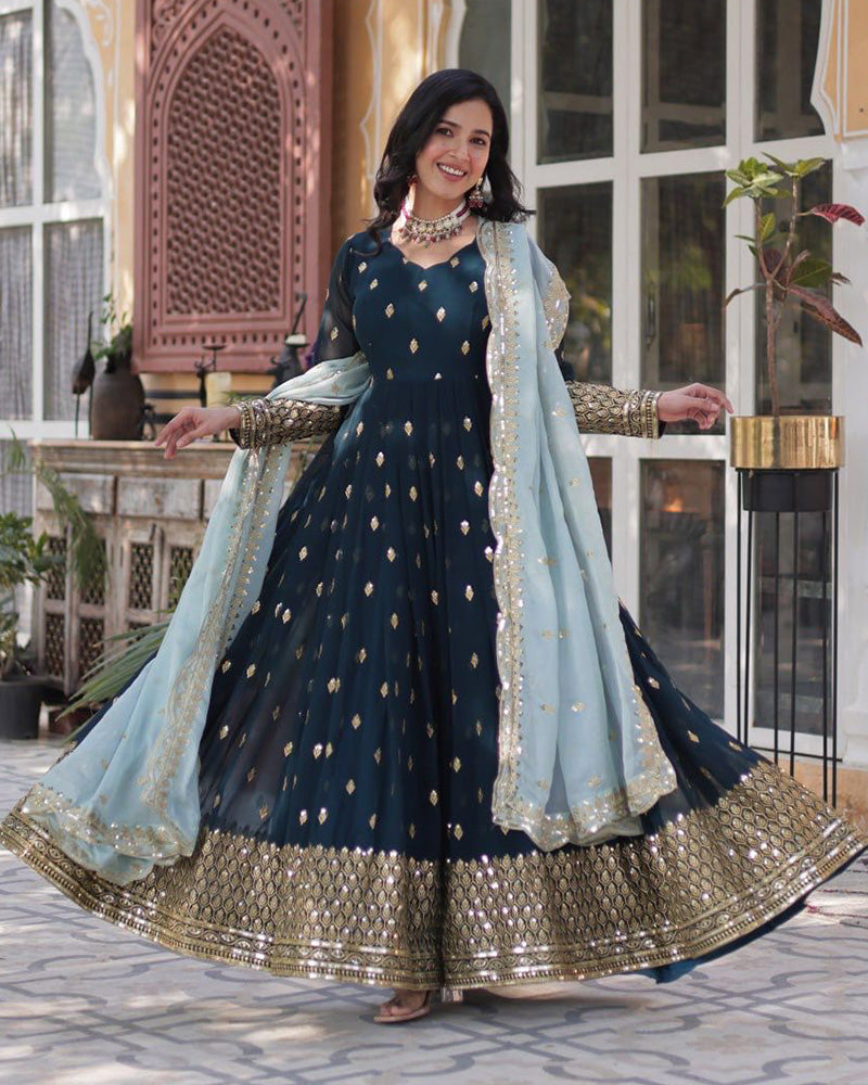 Viking Blue Color Faux Blooming Zari Embroidered Work Gown
