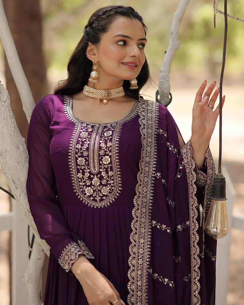 Purple Color Faux Blooming Rich Sequence Embroidered Gown