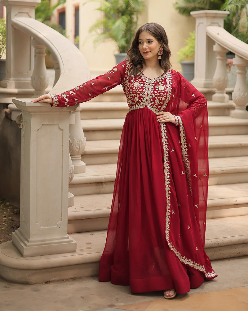 Maroon  Color Faux Blooming Multi Embroidered Work Gown