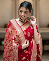 Red Color Banarasi All Over Jacquard Soft Silk Saree