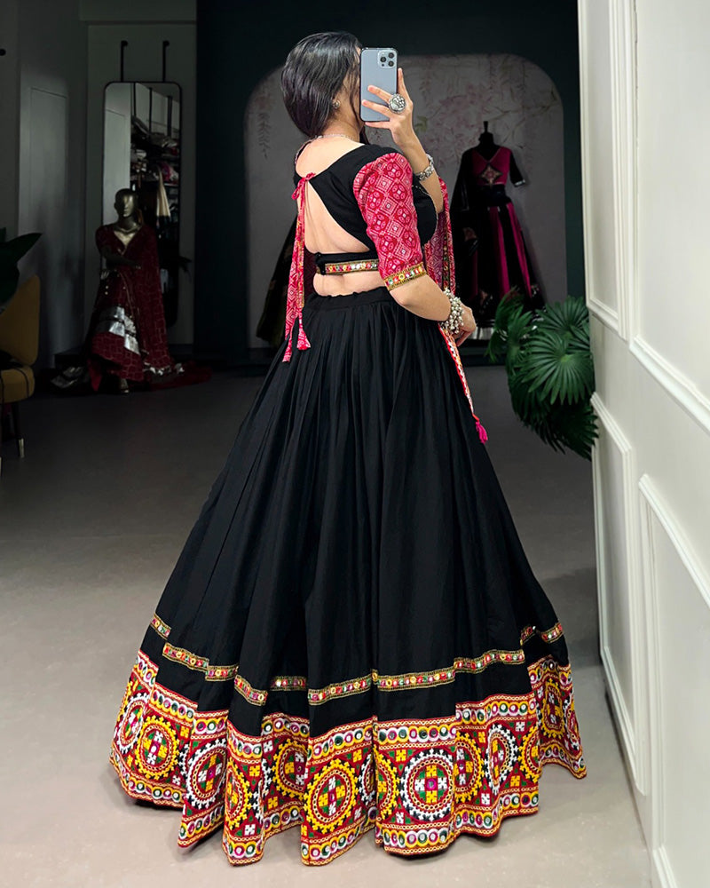 Designer Black Color Cotton Real mirror Work Navratri Lehenga Choli