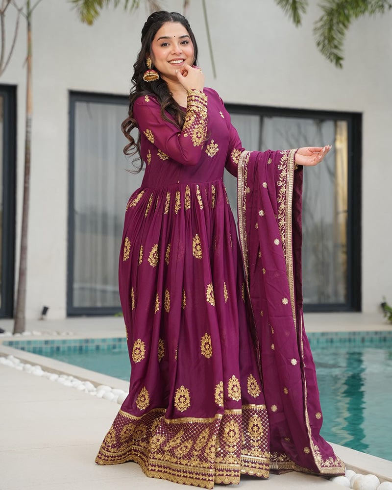 Wine Color Star Georgette Sequence Embroidered Gown
