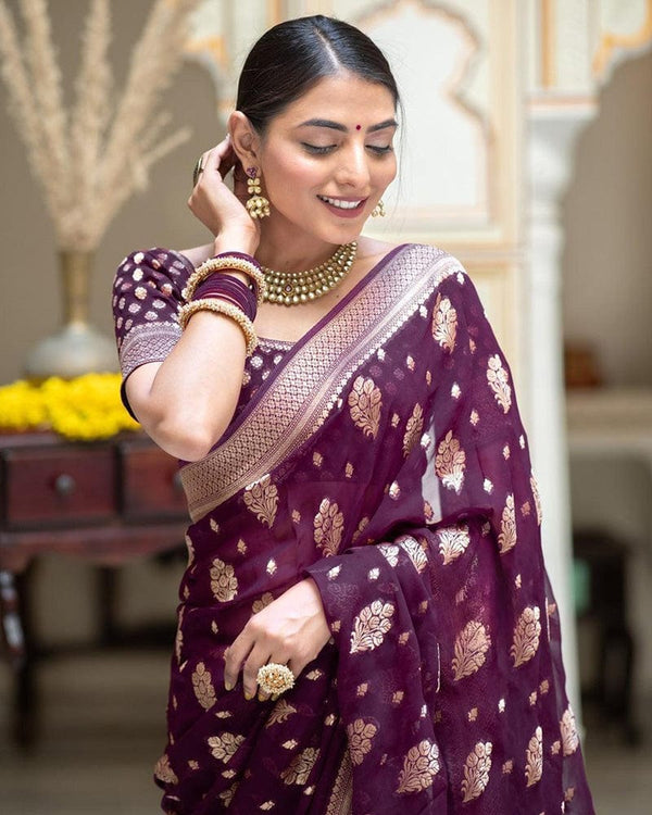 Wine Color Banarasi All Over Jacquard Soft Silk Saree