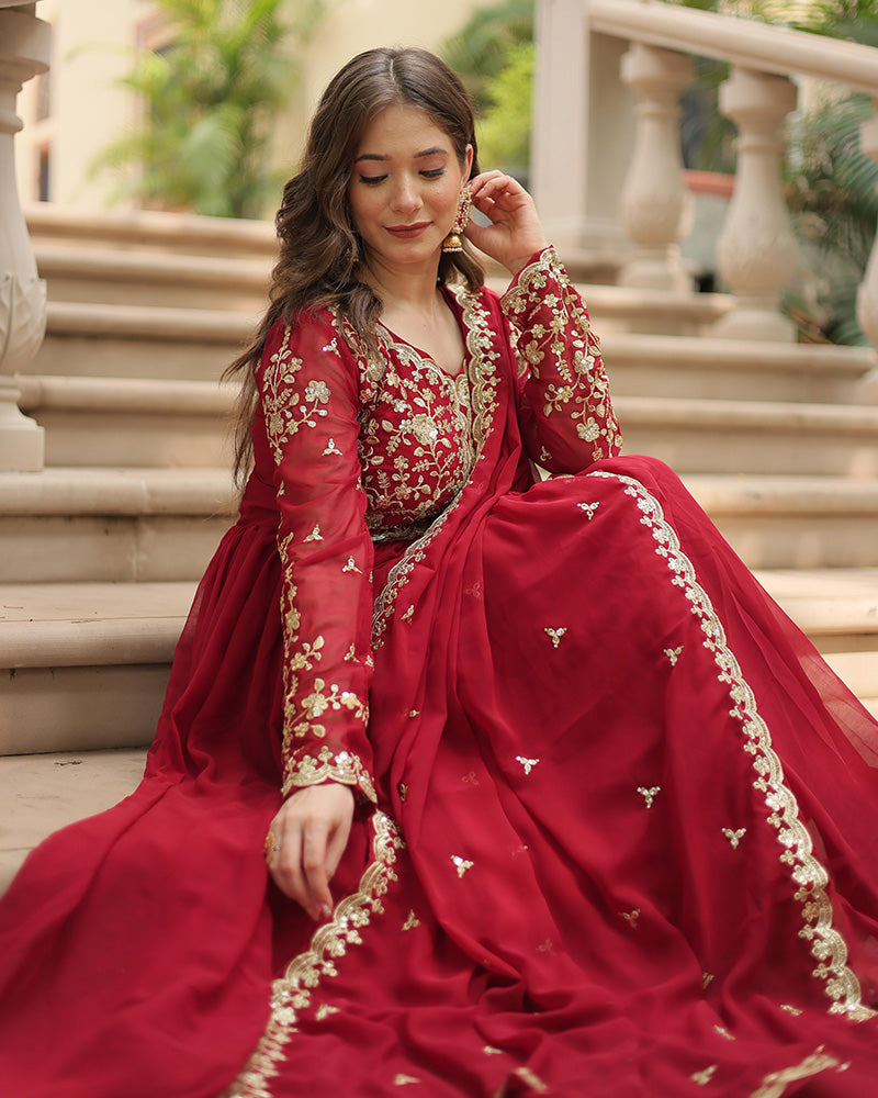 Maroon  Color Faux Blooming Multi Embroidered Work Gown