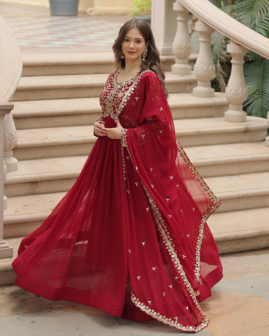 Maroon  Color Faux Blooming Multi Embroidered Work Gown