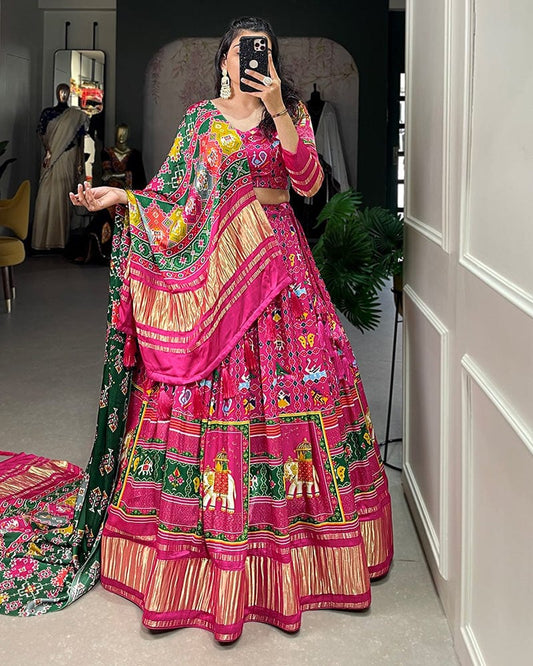 Rani Pink Color Gaji Silk Printed Navratri Lehenga Choli