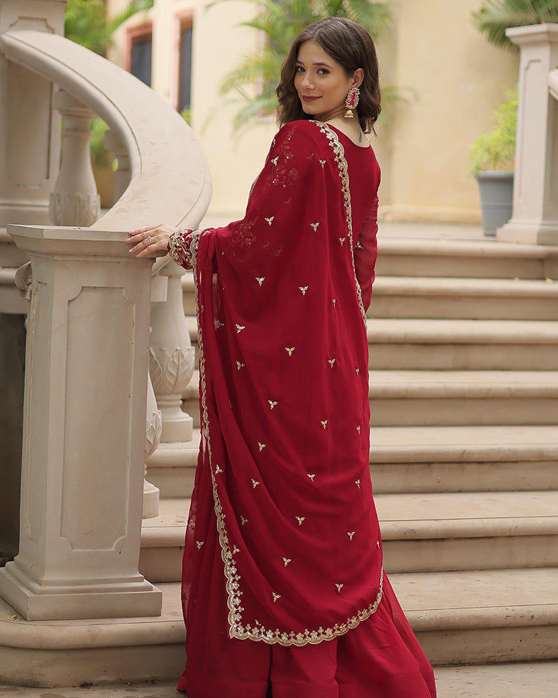 Maroon  Color Faux Blooming Multi Embroidered Work Gown