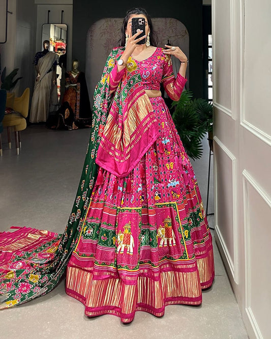 Rani Pink Color Gaji Silk Printed Navratri Lehenga Choli