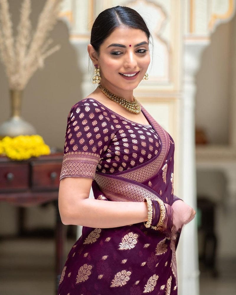 Wine Color Banarasi All Over Jacquard Soft Silk Saree