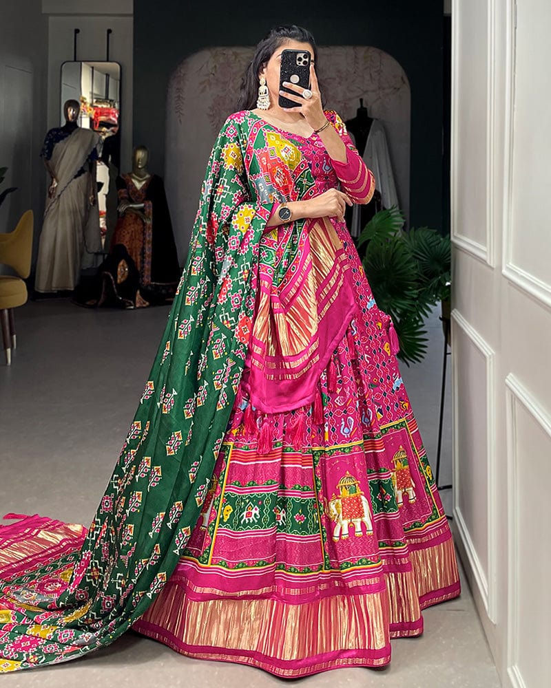 Rani Pink Color Gaji Silk Printed Navratri Lehenga Choli