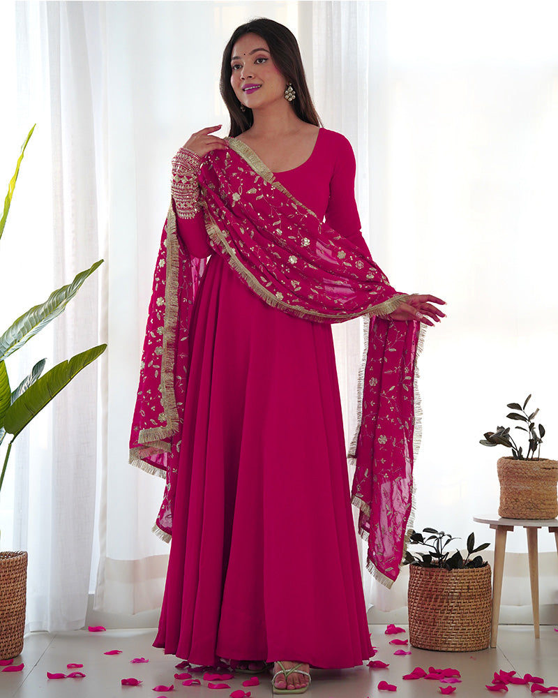 Rani Pink Color Soft Georgette Anarkali Gown With Heavy Embroidery Work Dupatta