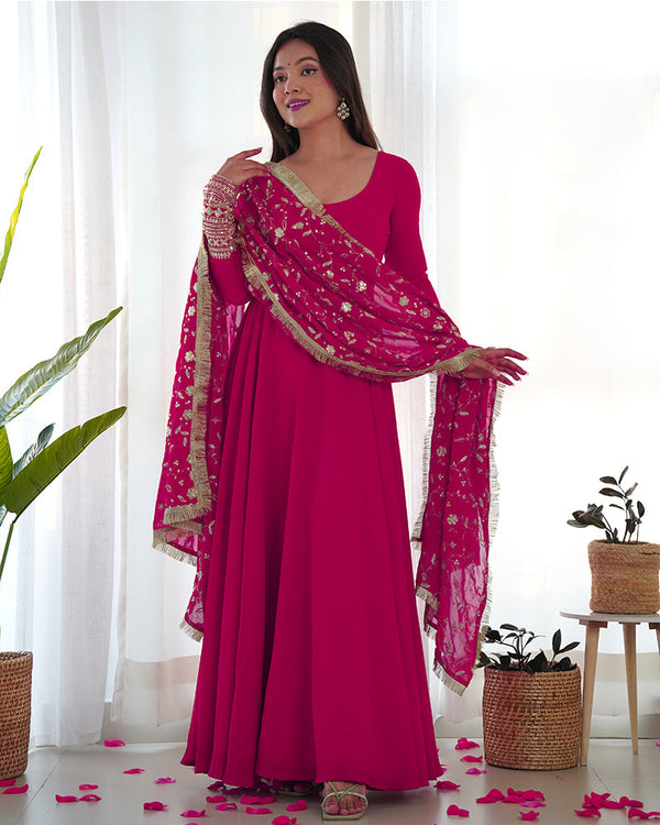Rani Pink Color Soft Georgette Anarkali Gown With Heavy Embroidery Work Dupatta