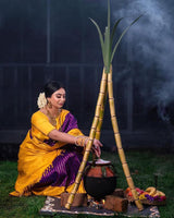 Wine And Yellow Colour Banarasi Soft Silk Saree