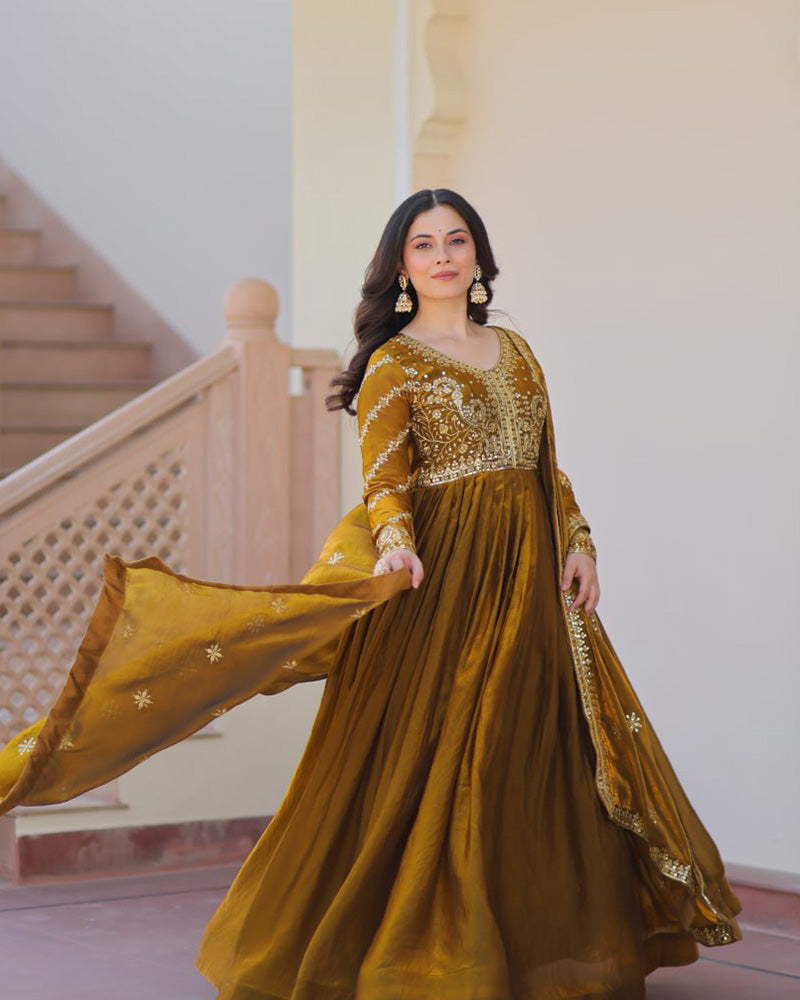 Mehndi Color Fendi Embroidered Gown