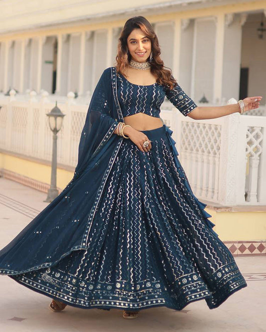 Rama Color Blooming Soft Georgette Heavy Embroidery Threaded Semi Stitched Lehenga Choli