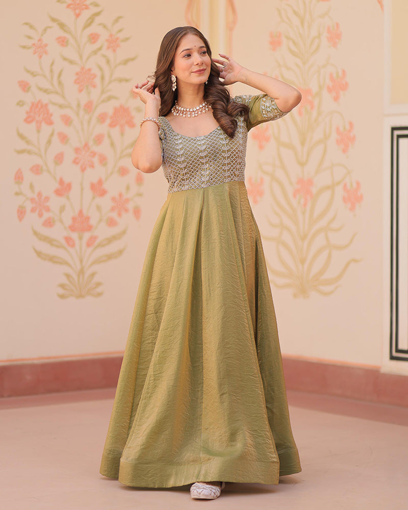 Mehndi Color Fendi Embroidered work Gown