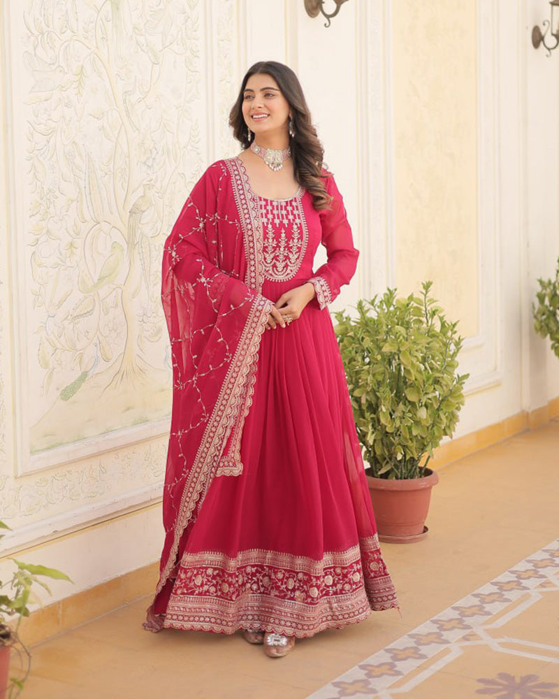 Pink Color Faux Blooming Rich Sequence Embroidered Gown