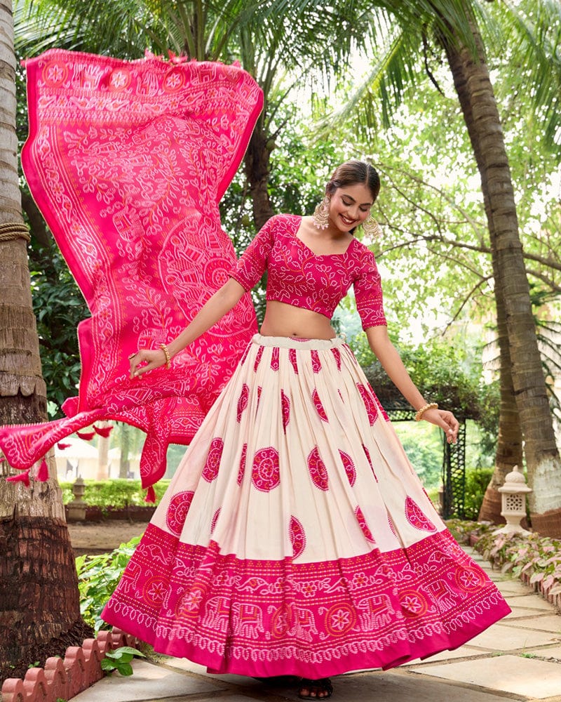 Pink Color Tussar Silk Bandhej Printed Lehenga Choli