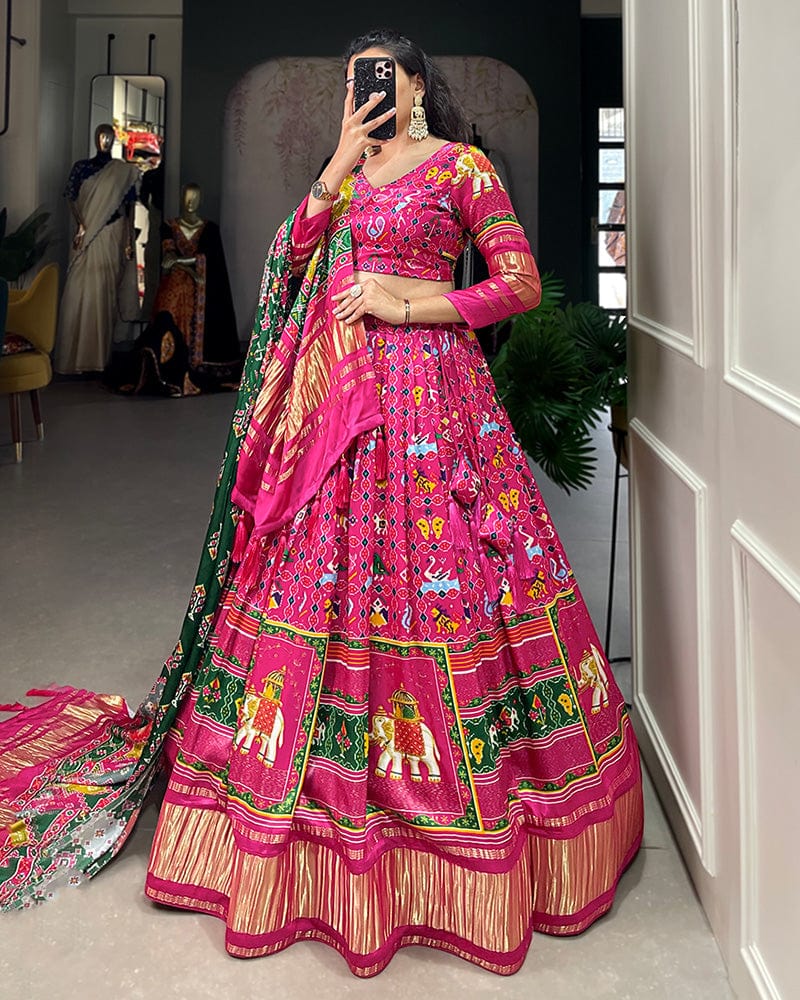 Rani Pink Color Gaji Silk Printed Navratri Lehenga Choli