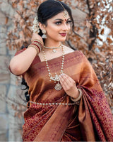 Brown Color Soft Banarasi Lichi Silk Wedding Wear Saree