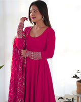 Rani Pink Color Soft Georgette Anarkali Gown With Heavy Embroidery Work Dupatta