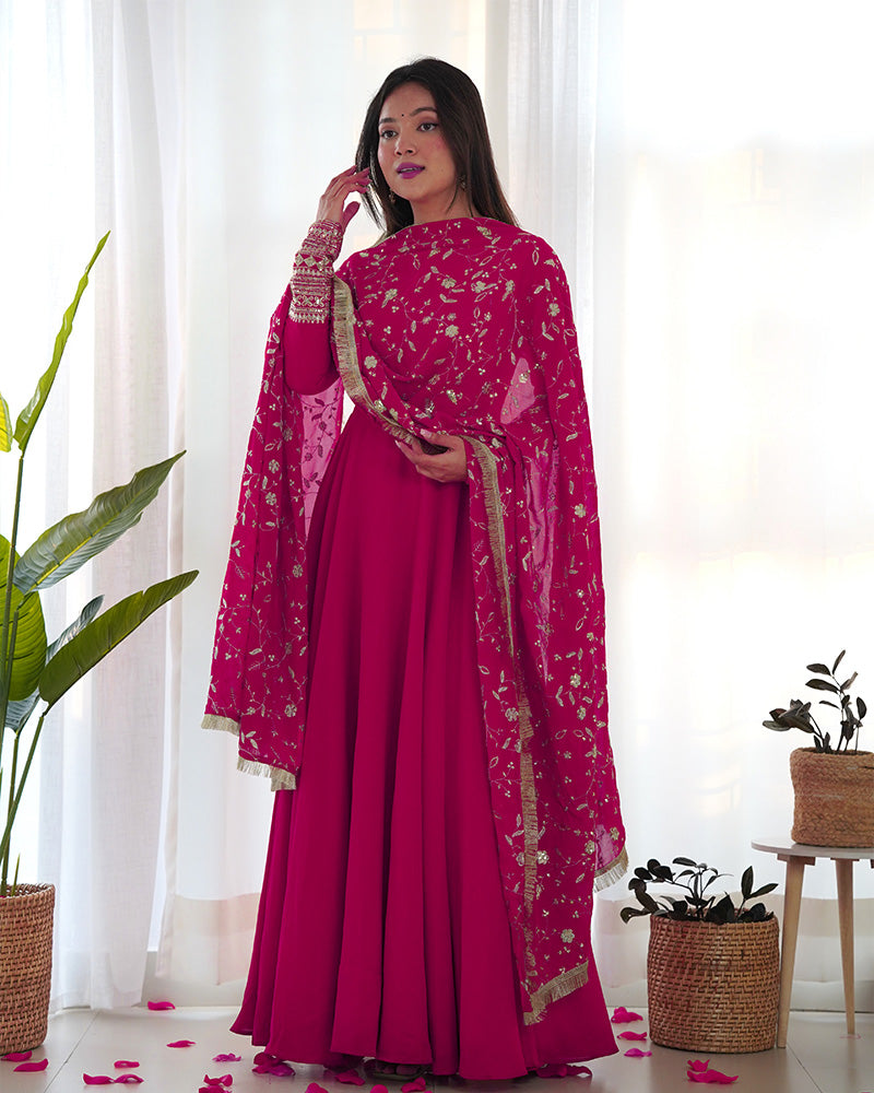 Rani Pink Color Soft Georgette Anarkali Gown With Heavy Embroidery Work Dupatta