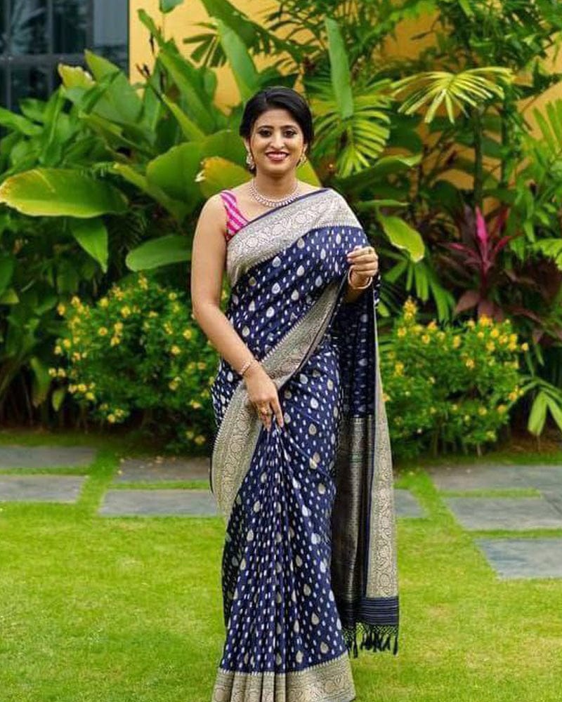 Heavy Designing Navy Blue Color Banarasi Soft Silk Saree