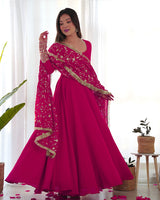 Rani Pink Color Soft Georgette Anarkali Gown With Heavy Embroidery Work Dupatta