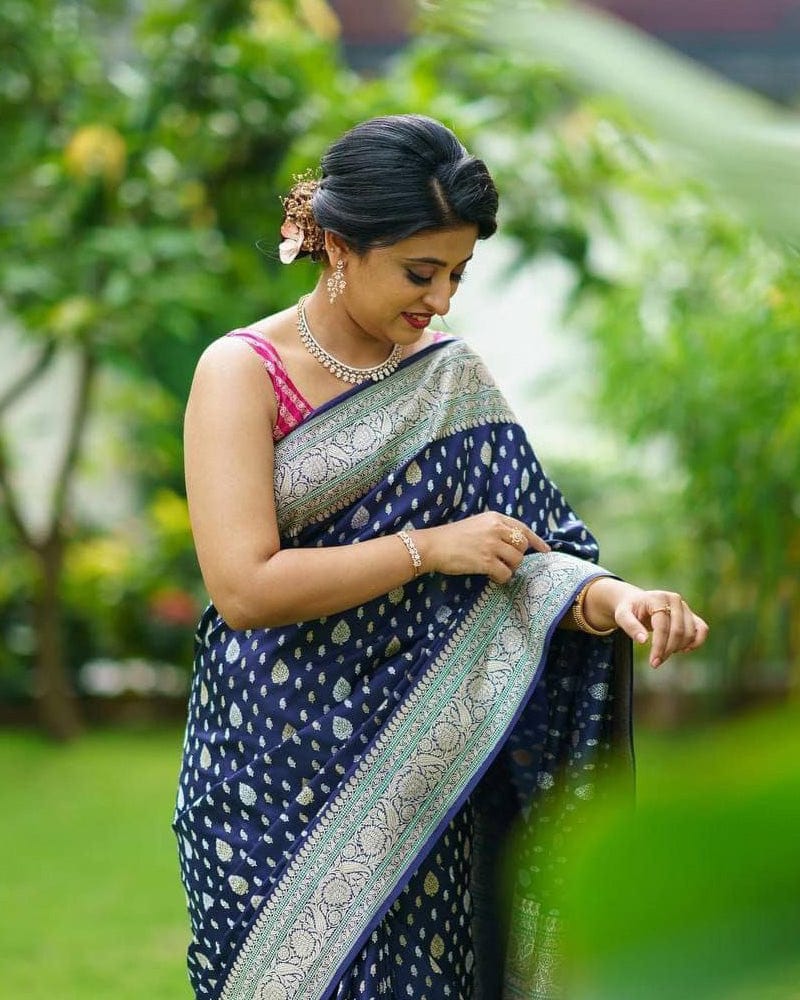 Heavy Designing Navy Blue Color Banarasi Soft Silk Saree