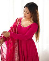Rani Pink Color Pure Roman Silk Ruffle Style Anarkali Suit