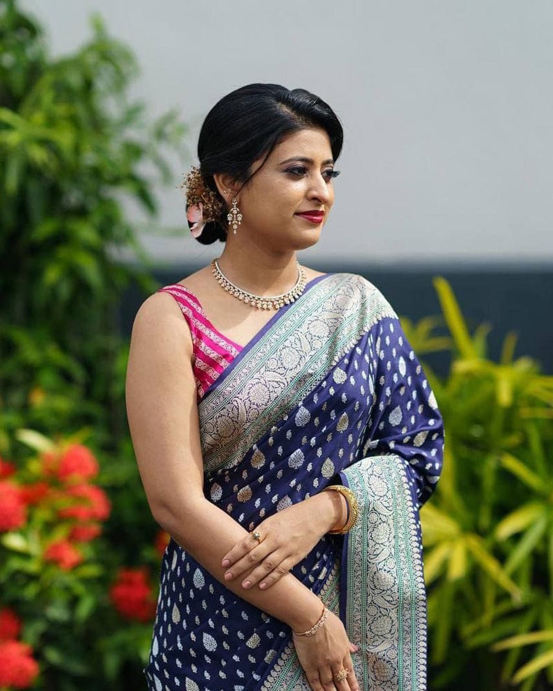 Heavy Designing Navy Blue Color Banarasi Soft Silk Saree