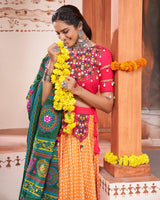 Yellow Pink Color Viscose Rayon Print And Mirror Work Fully Stitched Navratri Lehenga Choli