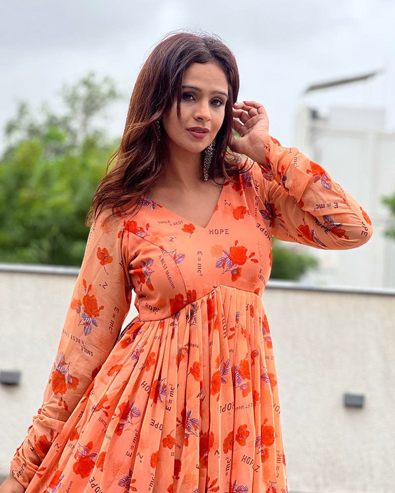 Orange Color Georgette Floral Printed Tunic