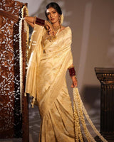 Heavy Designing Cream Color Soft Lichi Silk Saree