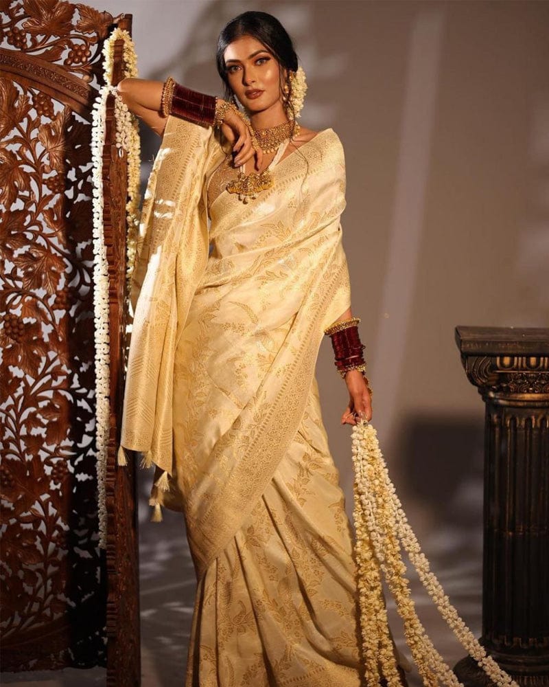 Heavy Designing Cream Color Soft Lichi Silk Saree