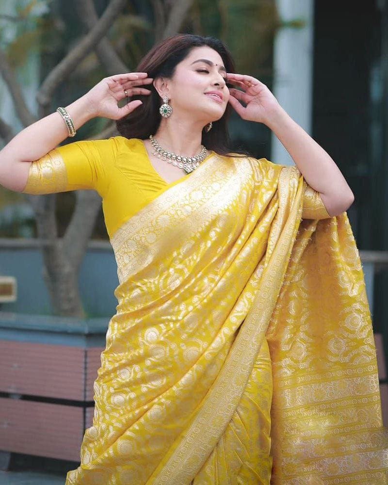Heavy Designing Yellow Color Jacquard Print Soft Silk Saree