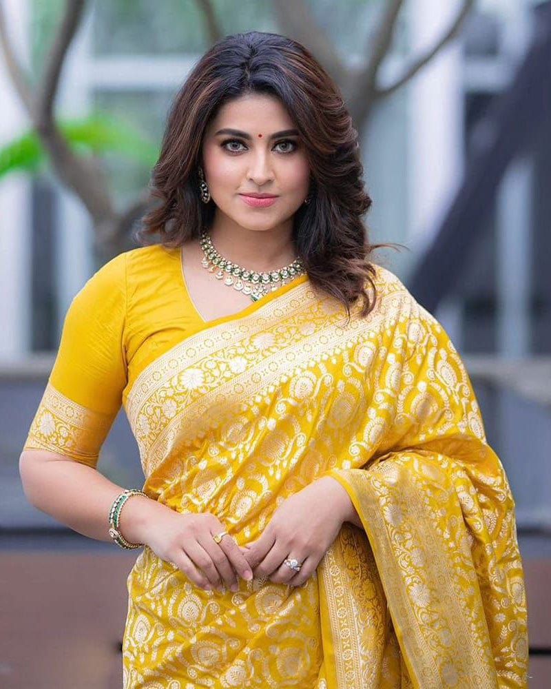 Heavy Designing Yellow Color Jacquard Print Soft Silk Saree