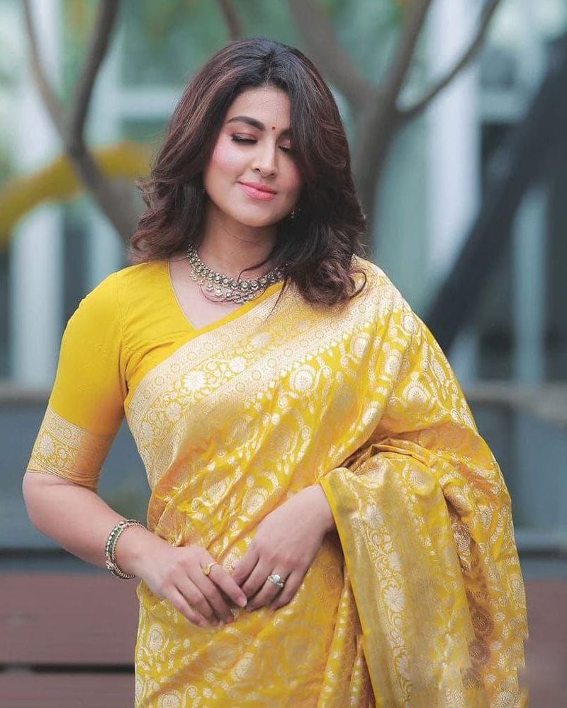 Heavy Designing Yellow Color Jacquard Print Soft Silk Saree