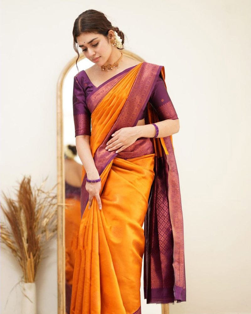 Orange Color Jacquard Print Banarasi Soft Silk Saree